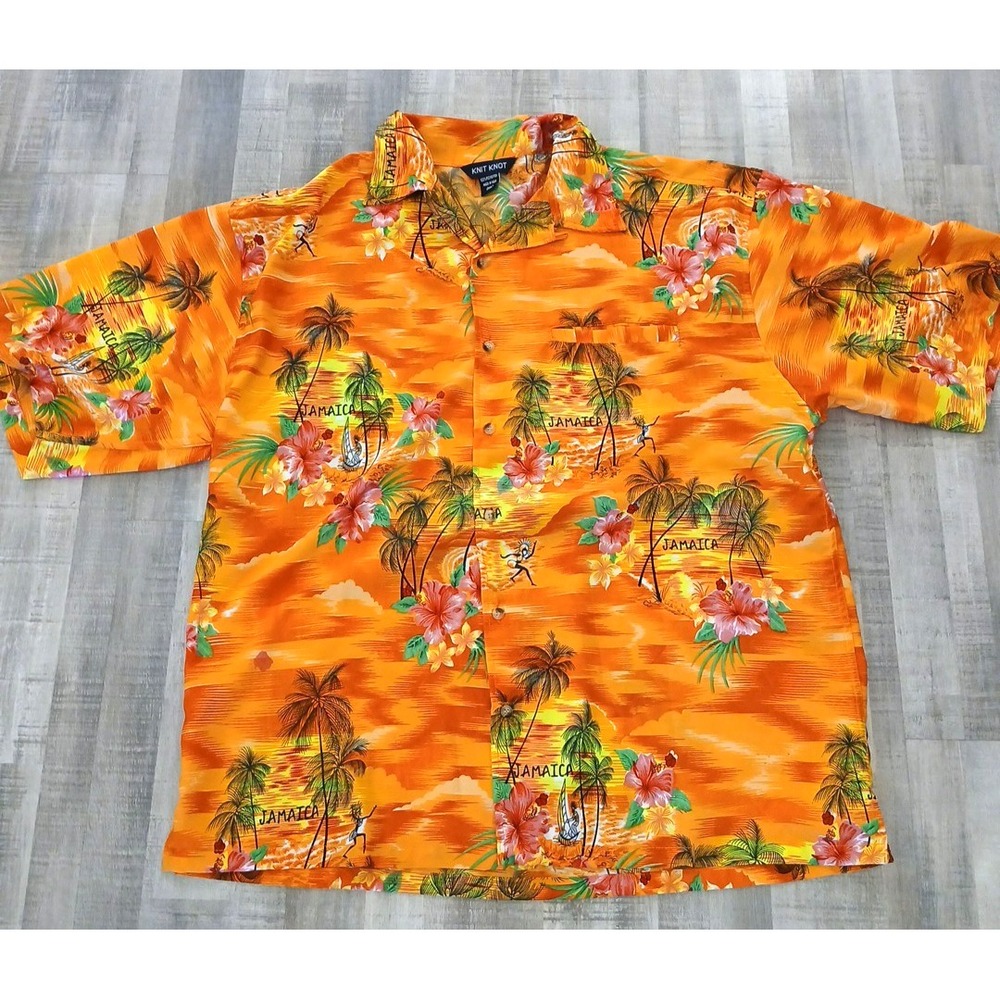 Mens XXL Jamaica Graphic Short Sleeve Button Up Shirt Island Knit Knot Orange